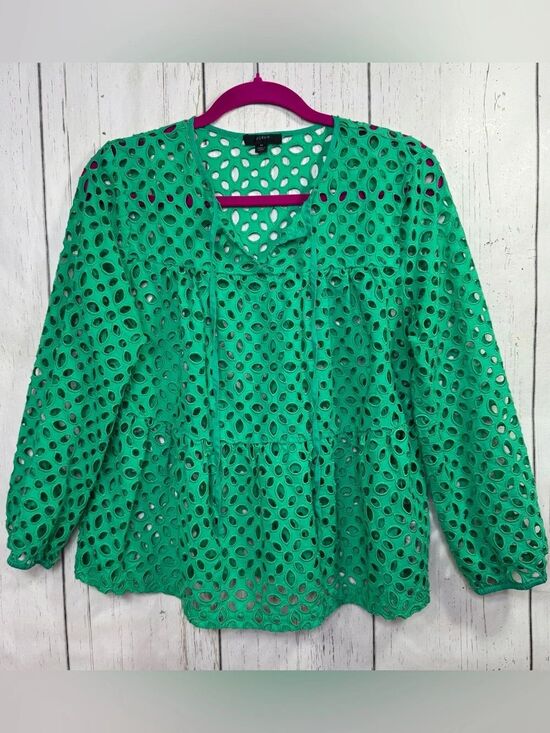 J. Crew Tops - J.Crew Green Eyelet Lace Boho Peasant Blouse Cottagecore Resort Coastal Top M